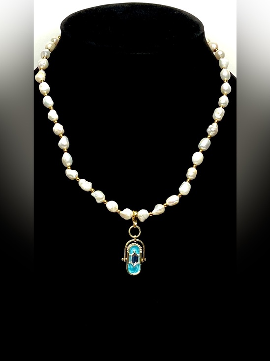 Jewelry - Fresh water Pearl Necklace with Blue Pendant — Women Jewelry